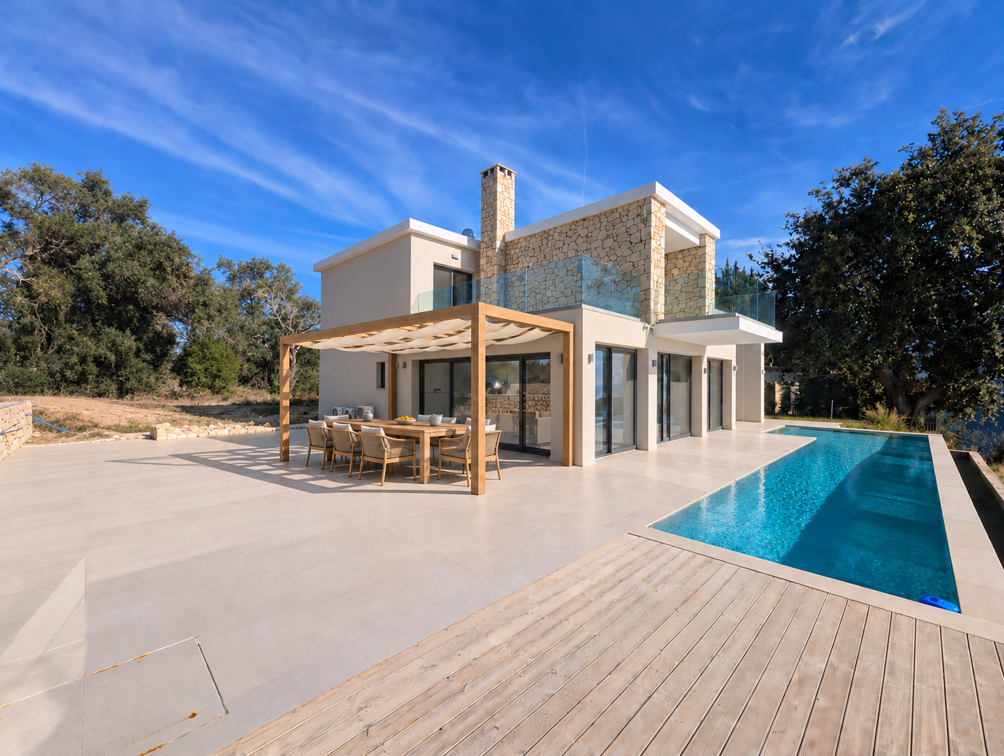 AI visualisation of a proposed timber pergola and outdoor dining area at Villa Norma