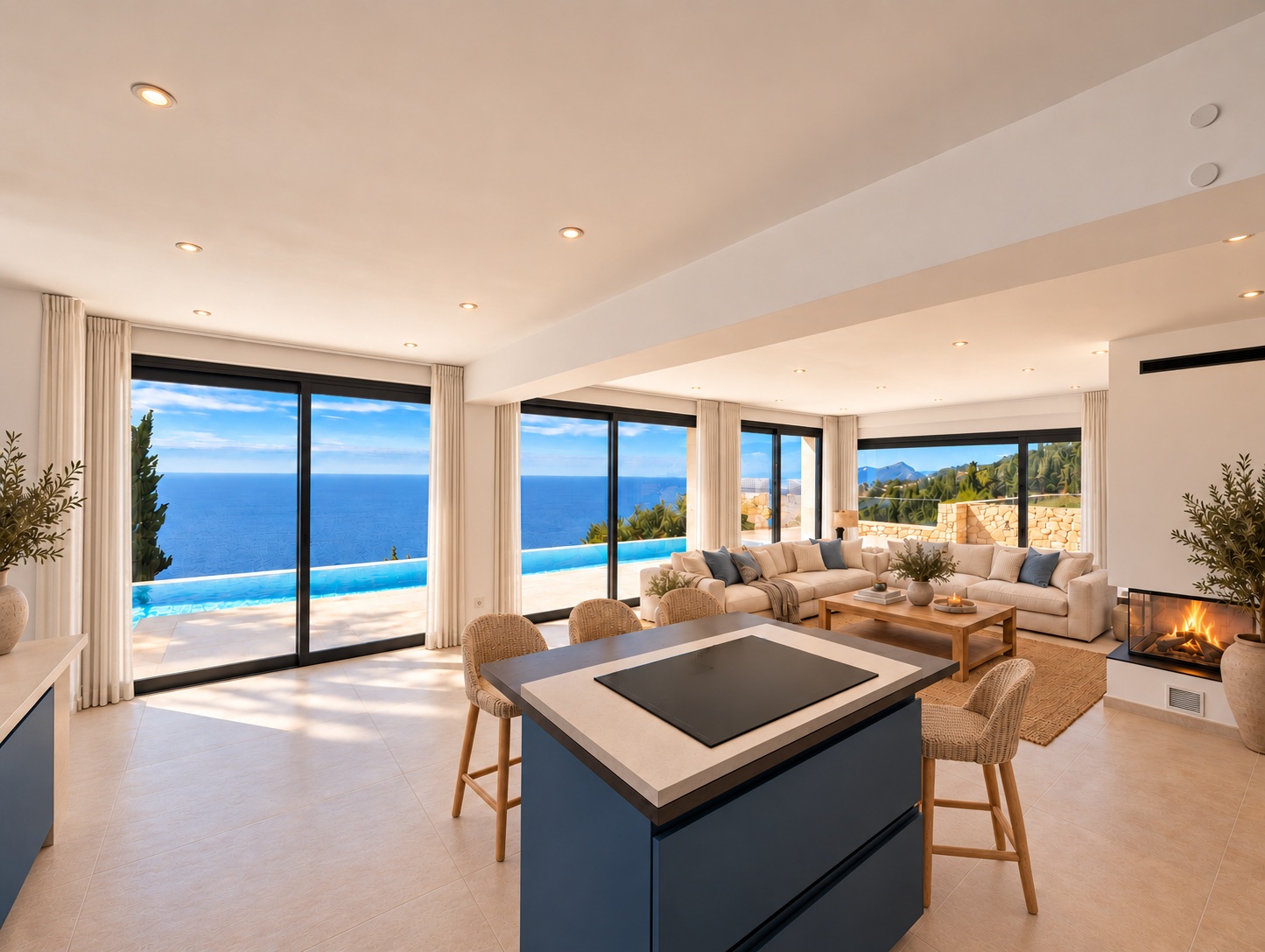 AI furnishing visualisation with cream sofas, linen curtains and island seating overlooking the pool and Ionian Sea