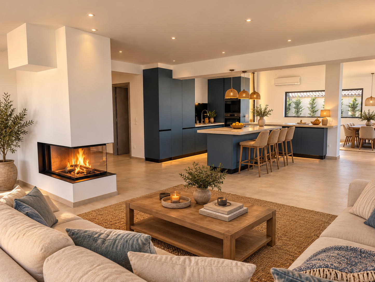 AI styling visualisation of the open-plan living space at Villa Norma