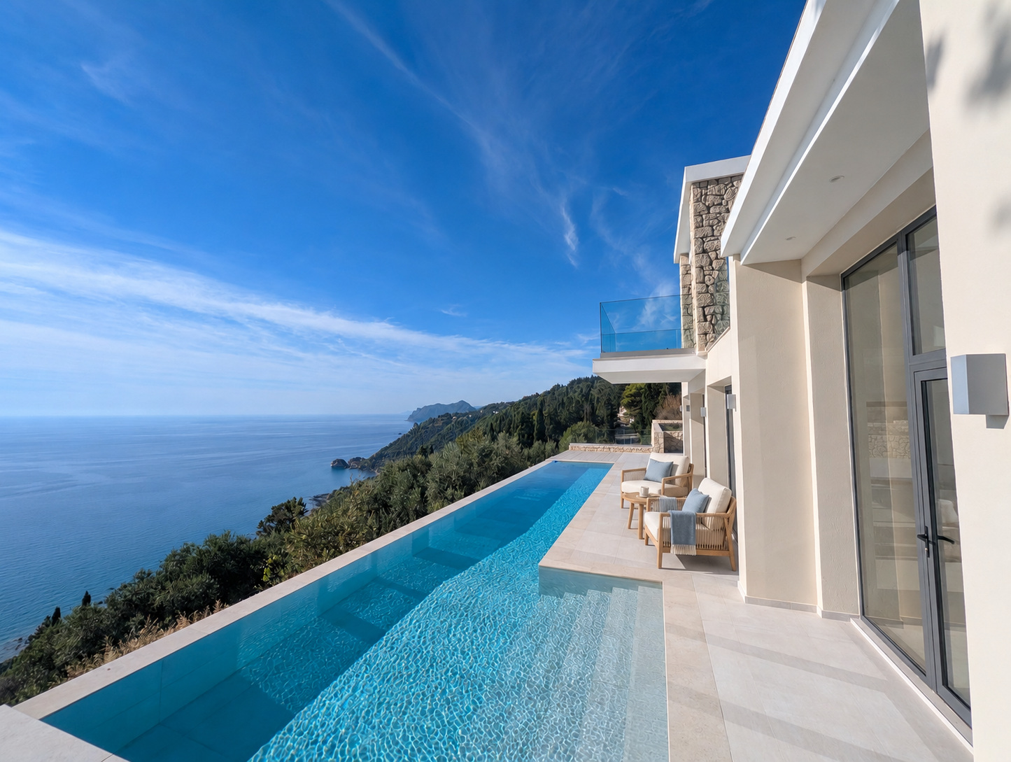 AI styling visualisation of poolside seating overlooking the Ionian Sea