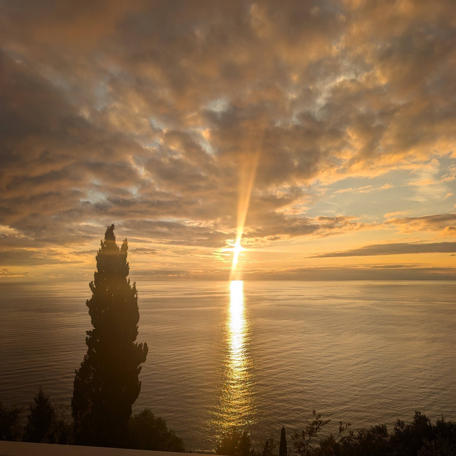 Sunset over the Ionian Sea framed by cypress from Villa Norma